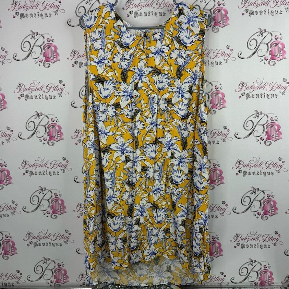 New look inspired long tank top blue Floral Yellow and White mini Dress Lillie’s